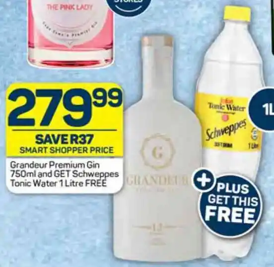 Pick n Pay Grandeur Premium Gin 750ml and GET Schweppes Tonic Water 1 Litre FREE offer