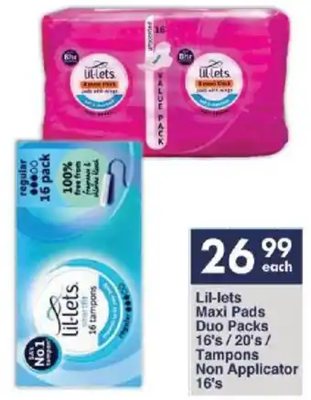 President Hyper Lil-lets Maxi Pads Duo Packs 16's/20's/ Tampons Non Applicator 16's offer