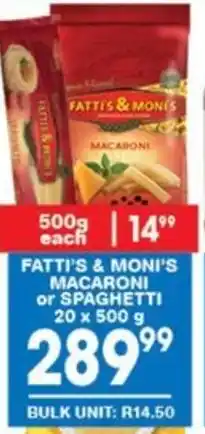 Giant Hyper FATTI'S & MONI'S MACARONI or SPAGHETTI 20 x 500 g offer