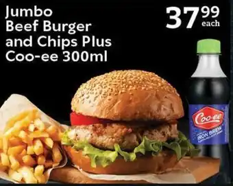 Jumbo Beef Burger and Chips Plus Coo-ee 300ml