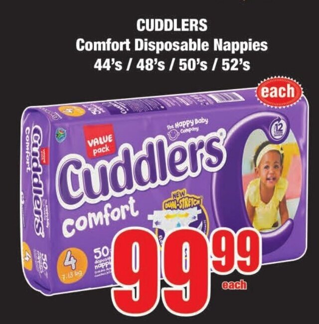 Cuddlers Comfort Disposable Nappies 44's / 48's / 50's / 52's offer at