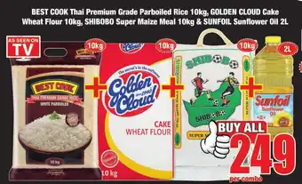 Boxer Build Best Cook Thai Premium Grade Parboiled Rice 10kg, Golden Cloud Cake Wheat Flour, Shibobo Super Maize & Sunfoil Sunflower Oil offer