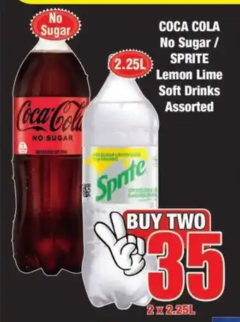 Coca Cola No Sugar / Sprite Lemon Lime Soft Drinks Assorted 2 x 2.25L