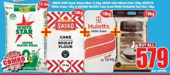 Boxer WHITE STAR Super Maize Meal 12.5kg, SASKO Cake Wheat Flour 10kg, HULETTS White Sugar 10kg & GOLDEN DELIGHT offer