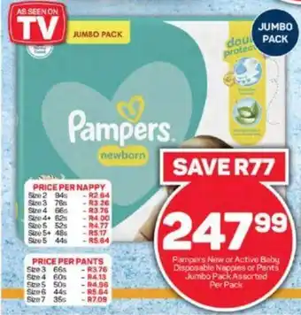 Pick n Pay Pampers New or Active Baby Disposable Nappies or Pants Jumbo Pack Assorted Per Pack offer