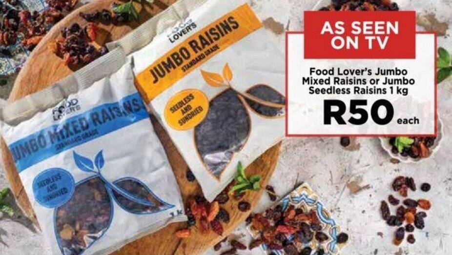 Food Lover's Jumbo Mixed Raisins or Jumbo Seedless Raisins 1 kg offer