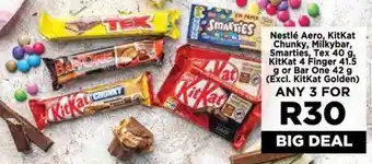 Food Lover's Market Nestlé Aero, KitKat Chunky, Milkybar, Smarties, Tex 40 g, KitKat 4 Finger 41.5 g or Bar One 42 g (Excl. KitKat Golden) offer