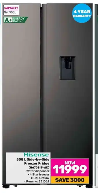 Game Hisense 508 L Side-by-Side Freezer Fridge (H670SIT-WD) offer