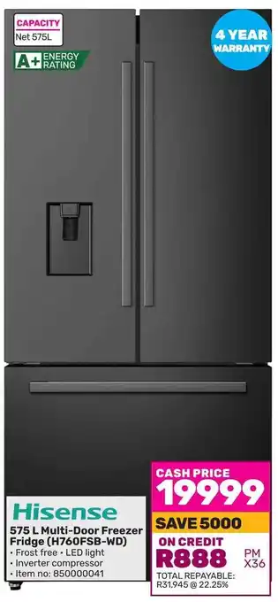 Game Hisense 575 L Multi-Door Freezer Fridge (H760FSB-WD) offer