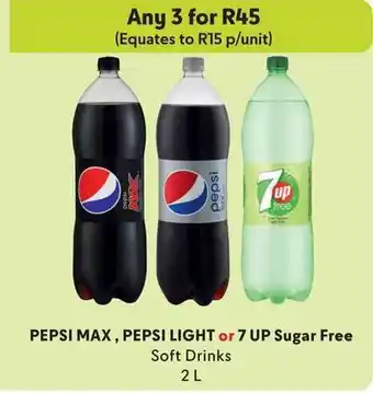 PEPSI MAX, PEPSI LIGHT or 7 UP Sugar Free Soft Drinks 2 L