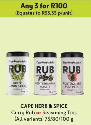 Makro CAPE HERB & SPICE Curry Rub or Seasoning Tins (All variants) 75/80/100 g offer