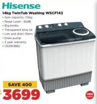 HiFi Corp Hisense 14kg Twin Tub Washing WSCF143 offer