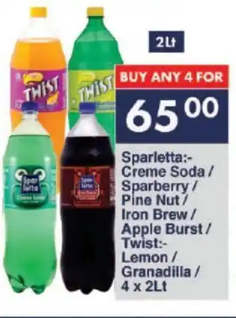 President Hyper Sparletta Creme Soda / Sparberry/ Pine Nut/ Iron Brew/ Apple Burst/ Twist Lemon/ Granadilla / 4 x 2Lt offer