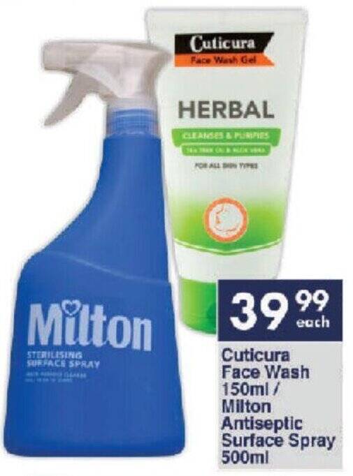 Cuticura Face Wash 150ml/ Milton Antiseptic Surface Spray 500ml offer