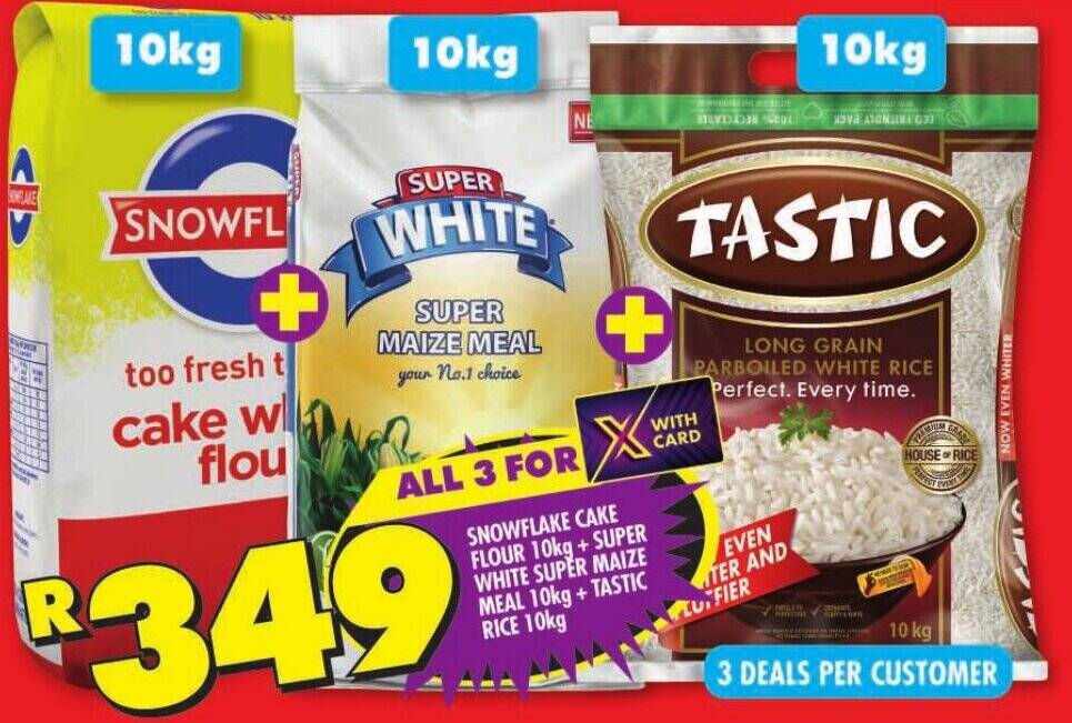 SNOWFLAKE CAKE FLOUR 10kg SUPER WHITE SUPER MAIZE MEAL 10kg TASTIC snowflake-cake-flour-10kg-super-white-super-maize-meal-10kg-tastic