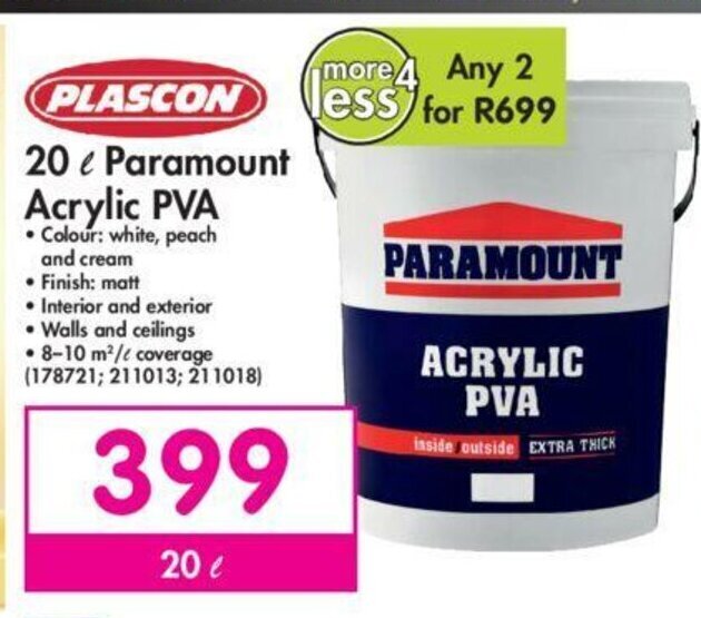 Plascon 20L Paramount Acrylic PVA offer at Makro