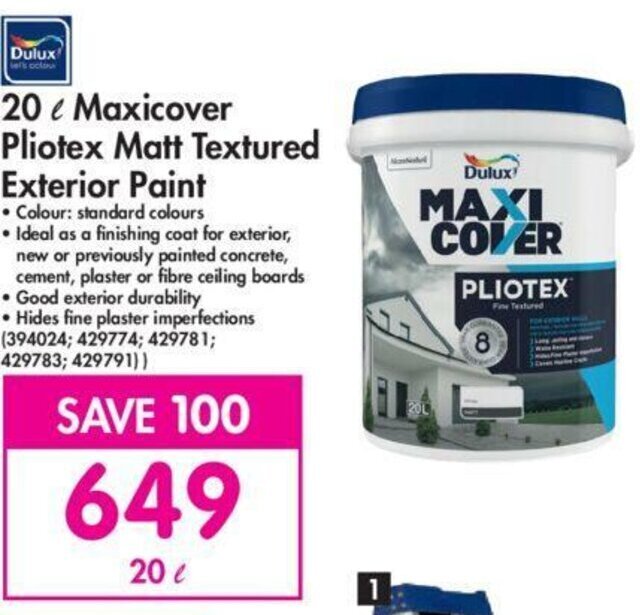 Dulux 20L Maxicover Pliotex Matt Textured Exterior Paint offer at Makro