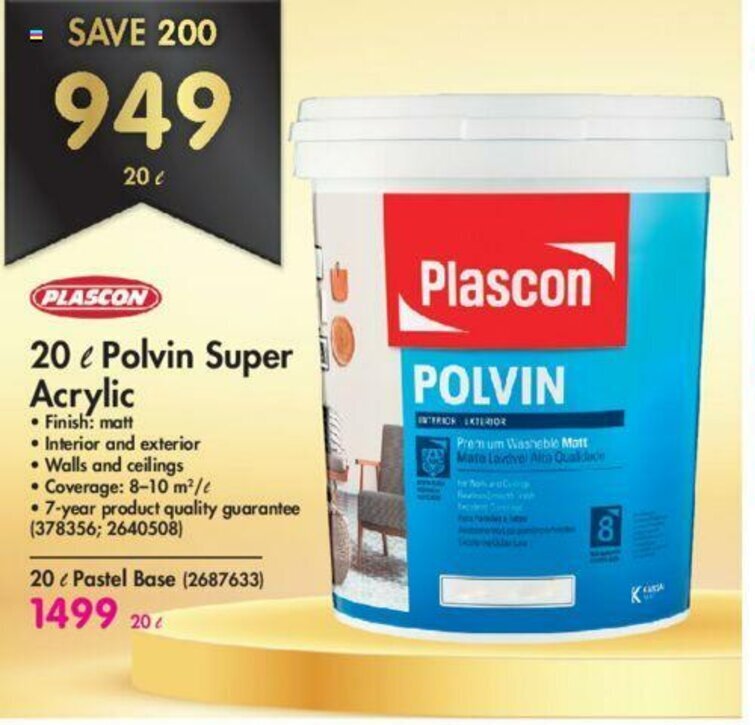 Plascon 20L Polvin Super Acrylic offer at Makro