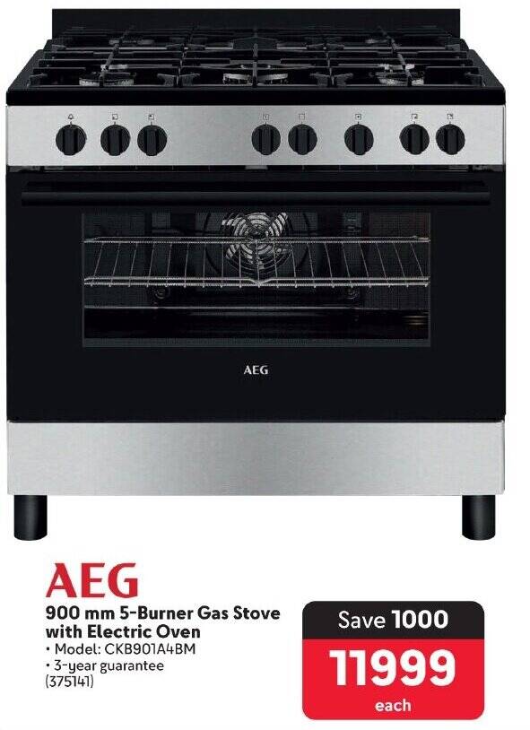 AEG 900 mm 5Burner Gas Stove with Electric Oven offer at Makro