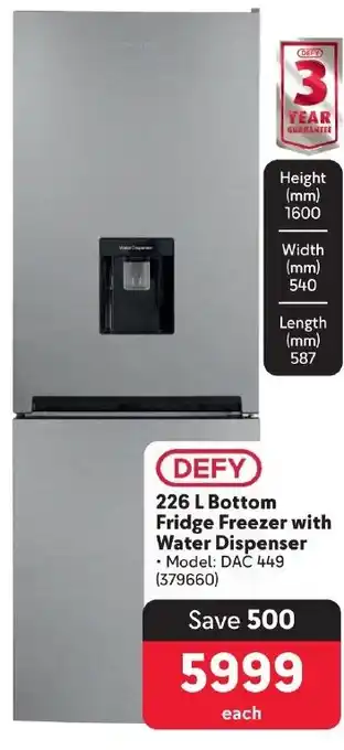 Makro DEFY 226 L Bottom Fridge Freezer with Water Dispenser offer