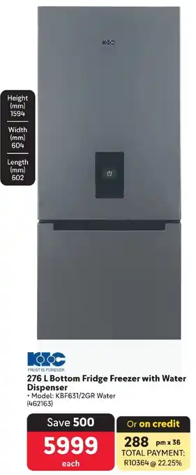 Makro 276 L Bottom Fridge Freezer with Water Dispenser offer