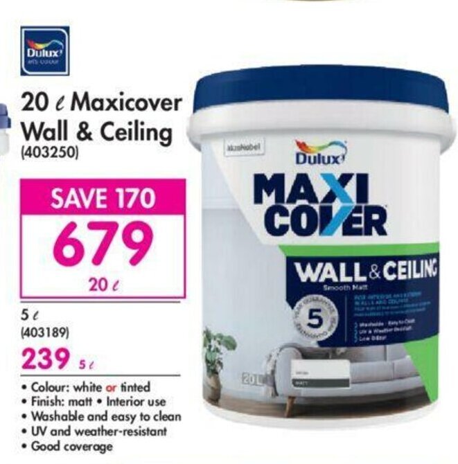 Dulux 20L Maxicover Wall & Ceiling offer at Makro
