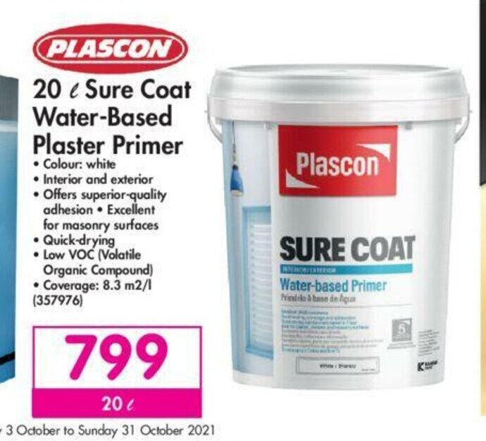 Plascon 20L Sure Coat WaterBased Plaster Primer offer at Makro