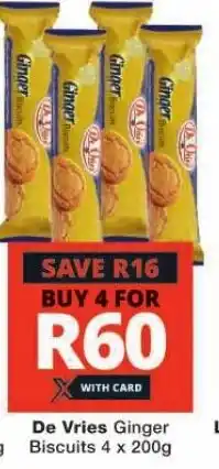 Checkers De Vries Ginger Biscuits 4 x 200g offer