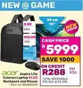 Game Acer 14(35cm) Aspire Lite Celeron Laptop Plus Backpack And Mouse offer