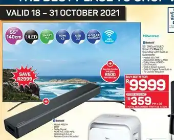 Pick n Pay Hisense - 55" ULED Smart tv + 2.0 Soundbar with Built-in Subwoofer offer