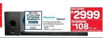 Pick n Pay Hisense - 2.1 Channel Soundbar with Wireless Subwoofer offer
