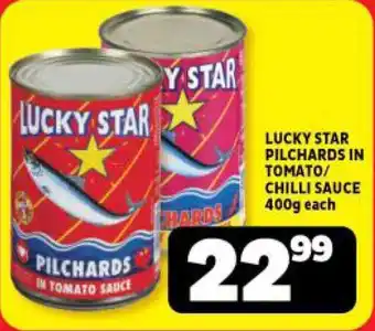 Usave LUCKY STAR PILCHARDS IN TOMATO/ CHILLI SAUCE 400g each offer