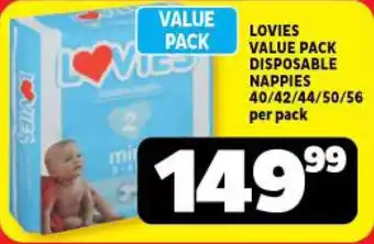 Usave LOVIES VALUE PACK DISPOSABLE NAPPIES 40/42/44/50/56 per pack offer