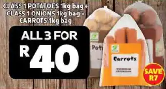 Usave CLASS 1 POTATOES 1kg bag CLASS 1 ONIONS 1kg bag+ CARROTS 1kg bag offer