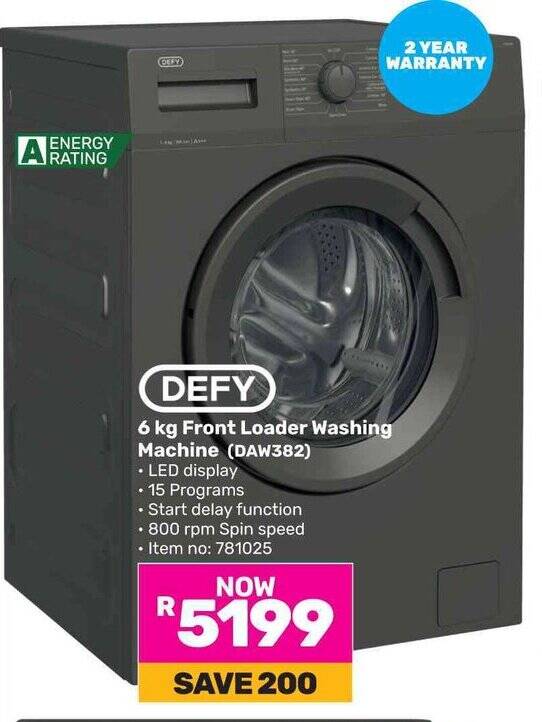DEFY 6 kg Front Loader Washing Machine (DAW382) offer at Game
