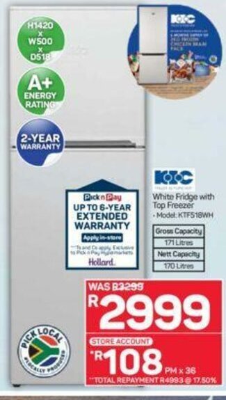 Pick n Pay KIC - White Fridge With Top Freezer offer