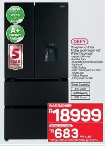 Pick n Pay Defy - Onxy French Door Fridge and Freezer with Water Dispenser offer