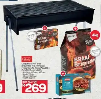 Pick n Pay Metalix Large Braai, Pnp Braai Briquettes 4kg, Pnp Braai Firelighters 12-Piece Plus BRM Pork Rib Burgers 600g offer