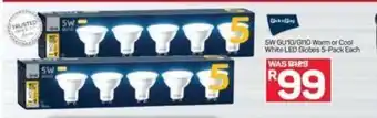 Pick n Pay PnP 5W GU10 / GI10 Warm or Cool White LED Globes 5-Pack each offer