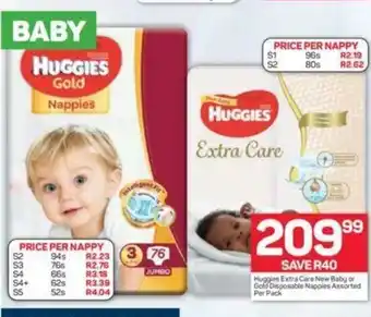 Pick n Pay Huggies Extra Care New Baby or Gold Disposable Nappies Assorted per pack offer