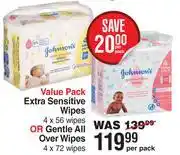 Dis-Chem Johnson's Value Pack Extra Sensitive Wipes 4 x 56 Wipes Or Gentlw All Over Wipes 4 x 72 Wipes-Per Pa offer