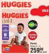 Dis-Chem Huggies Jumbo Pack Gold Pants Sizes 3-6-Per Pack offer