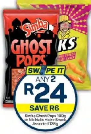 Pick n Pay Hypermarket Simba Ghost Pops 100g or Nik Naks Maize Snack Assorted 135g offer