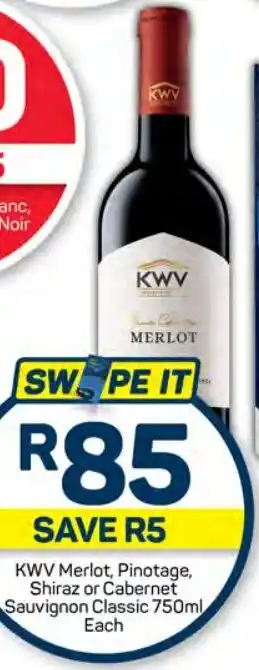 Pick n Pay Hypermarket KWV Merlot, Pinotage, Shiraz or Cabernet Sauvignon Classic 750ml Each offer