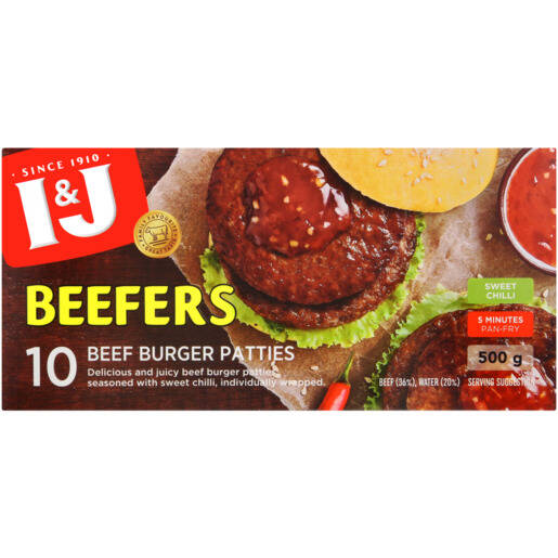I&J Frozen Beefers Sweet Chilli Flavoured Beef Burger Patties 500g
