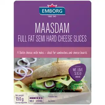 Checkers Liquor Shop Emborg Maasdam Semi Hard Full Fat Cheese Slices Pack 150g offer