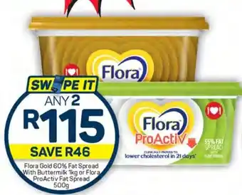 Pick n Pay Flora Gold 60% Fat Spread With Buttermilk 1kg or Flora ProActiv Fat Spread 500g offer