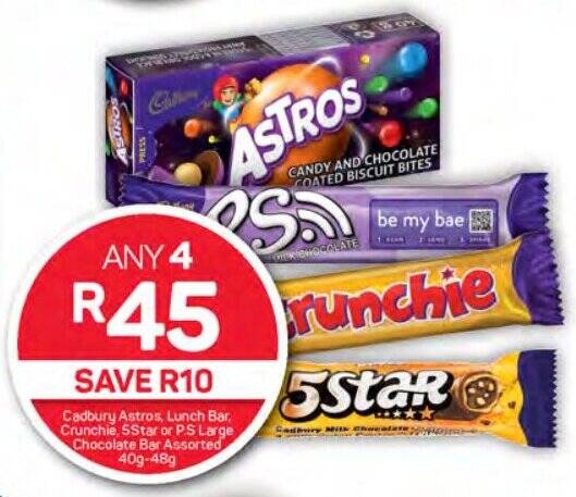 Cadbury Astros, Lunch Bar, Crunchie, 5Star or PS Large 40g-48g ...