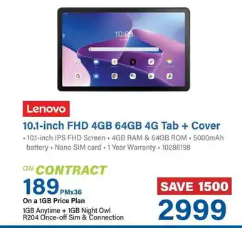 Incredible Connection Lenovo 10.1-inch FHD 4GB 64GB 4G Tab + Cover offer