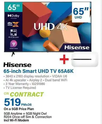 Incredible Connection Hisense 65-inch Smart UHD TV 65A6K offer